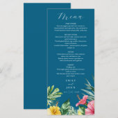 Ocean Blue Waterverf Tropical Flowers Wedding Menu (Voorkant / Achterkant)
