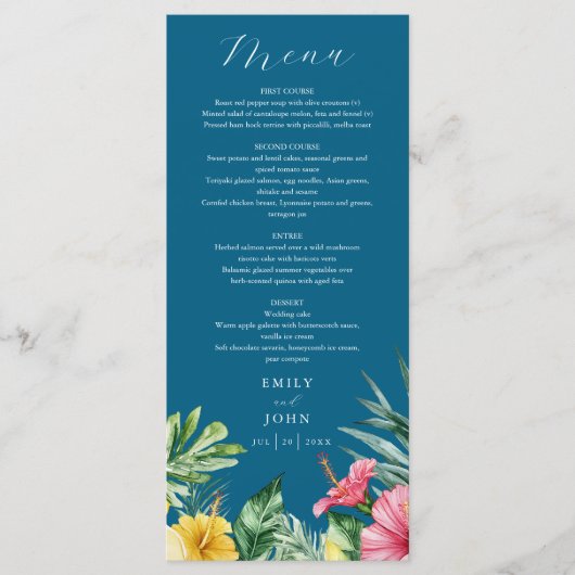 Ocean Blue Waterverf Tropical Flowers Wedding Menu (Voorkant)