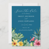 Ocean Blue Waterverf Tropical Flowers Wedding Save The Date (Voorkant)