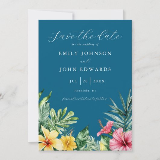 Ocean Blue Waterverf Tropical Flowers Wedding Save The Date (Voorkant)