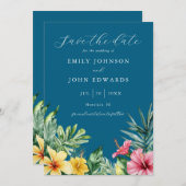 Ocean Blue Waterverf Tropical Flowers Wedding Save The Date (Voorkant / Achterkant)