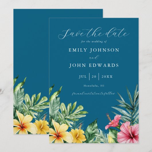 Ocean Blue Waterverf Tropical Flowers Wedding Save The Date (Voorkant / Achterkant)