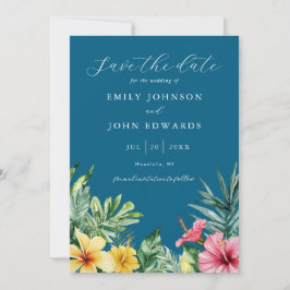 Ocean Blue Waterverf Tropical Flowers Wedding Save The Date
