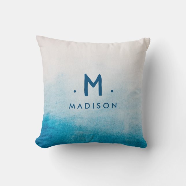 Ocean Blue Waterverven Familienaam Monogram Throw Kussen (Voorkant)