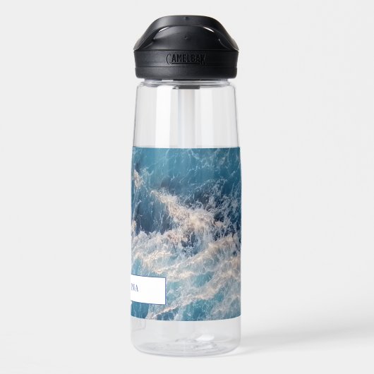 Ocean Blue Waves Bath Custom Name Waterfles (Achterkant)