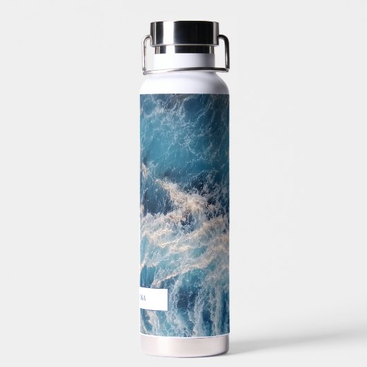 Ocean Blue Waves Bath Custom Name Waterfles (Achterkant)