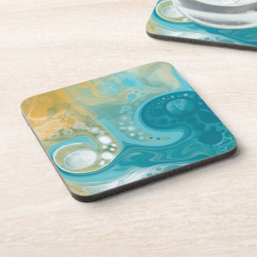 Ocean Blue Waves en Sandy Brown Fluid Art Bier Onderzetter (Linkerzijde)