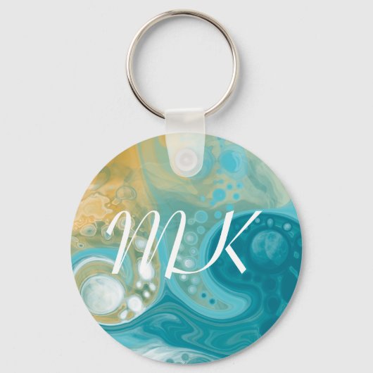 Ocean Blue Waves en Sandy Brown Fluid Art Initiaal Sleutelhanger (Voorkant)