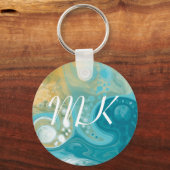 Ocean Blue Waves en Sandy Brown Fluid Art Initiaal Sleutelhanger (Voorkant)