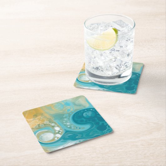 Ocean Blue Waves en Sandy Brown Fluid Art Kartonnen Onderzetters (Insitu)