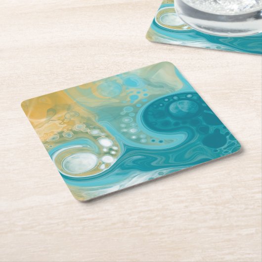 Ocean Blue Waves en Sandy Brown Fluid Art Kartonnen Onderzetters (Schuin)