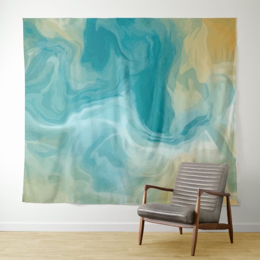 Ocean Blue Waves en Sandy Brown Fluid Art Wandkleed (In Situ (horizontaal))