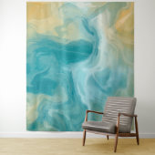 Ocean Blue Waves en Sandy Brown Fluid Art Wandkleed (In situ)