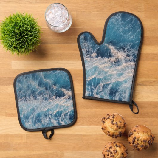 Ocean Blue Waves Ovenwant & Pannenlap Set (Top down)