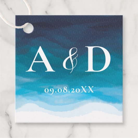 Ocean Blue Waves Waterverf Bruiloft Favor Labels (Voorkant)