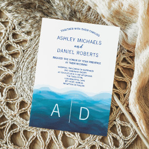 Ocean Blue Waves Waterverf Wedding Invitation Kaart
