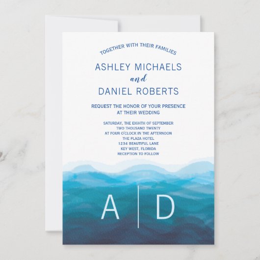 Ocean Blue Waves Waterverf Wedding Invitation Kaart (Voorkant)