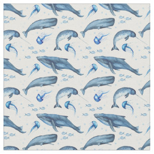 Ocean Blue Whale Jellyfish Patroon Stof