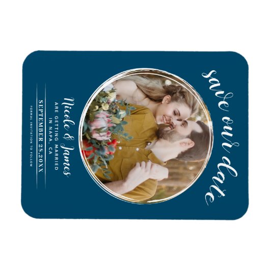 Ocean Blue White Moderne Ronde Foto Save the Date Magneet (Horizontaal)