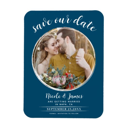 Ocean Blue White Moderne Ronde Foto Save the Date Magneet (Verticaal)