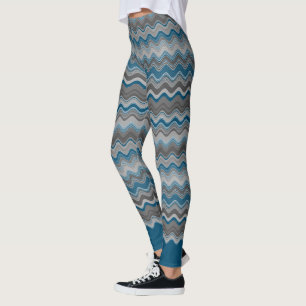 Ocean Blue Zilver Grijs Grijs Golvend Patroon Leggings