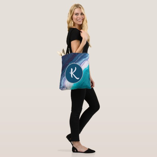 Ocean Blues Abstract Monogram Tote Bag (Op model)