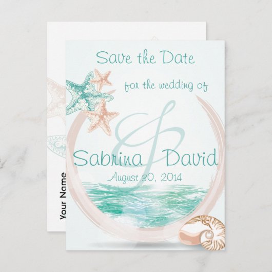 Ocean Breeze Beach Wedding Save the Date Aankondigingskaart (Voorkant / Achterkant)