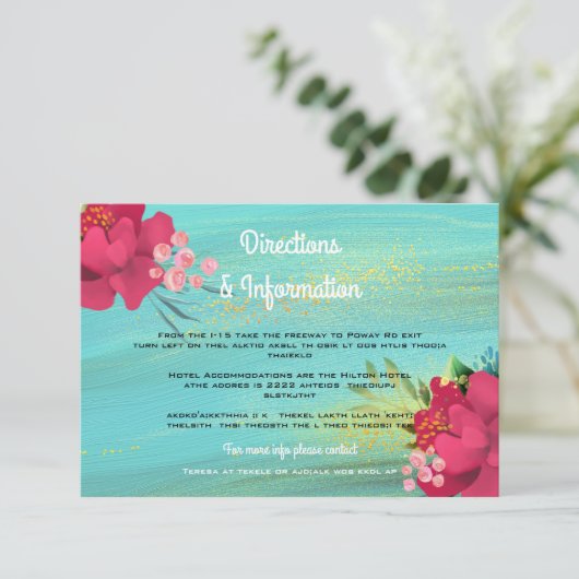 Ocean Breeze Tropisch Goud Bloemen Bruiloft info Informatiekaartje (Staand voorkant)