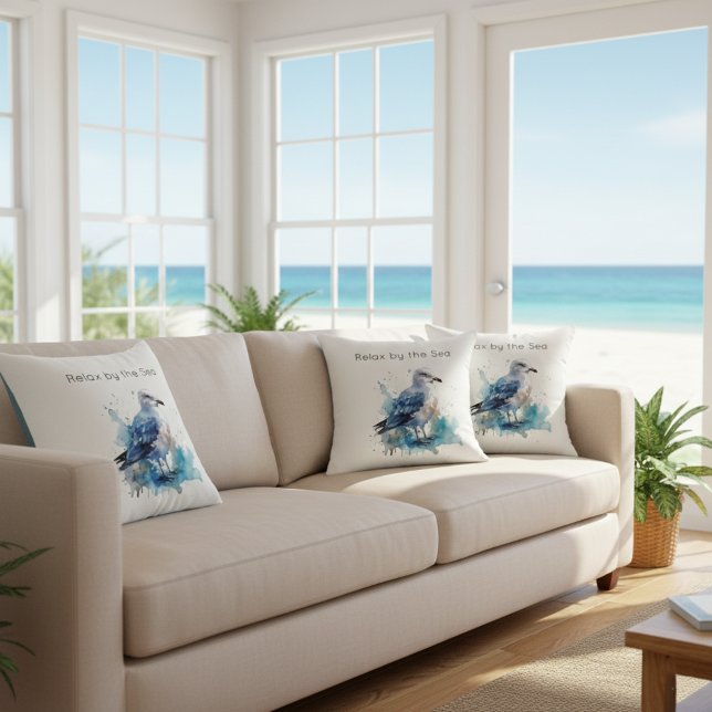 Ocean Breeze: Waterverf Zeemeeuw Kussen (Creator heeft geüpload)