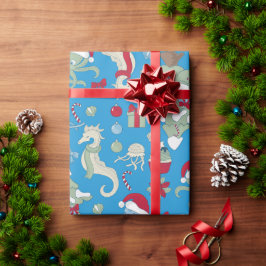 Ocean Christmas Seahorse Santa Octopus Jellyfish Cadeaupapier
