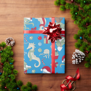 Ocean Christmas Seahorse Santa Octopus Jellyfish Cadeaupapier