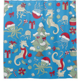 Ocean Christmas Seahorse Santa Octopus Jellyfish Douchegordijn