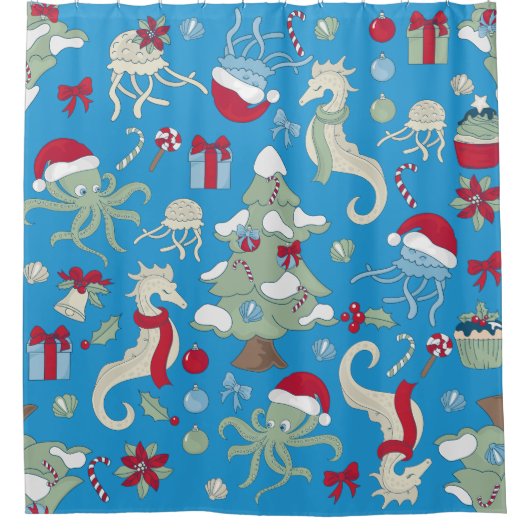 Ocean Christmas Seahorse Santa Octopus Jellyfish Douchegordijn (Voorkant)