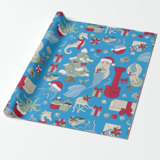 Ocean Christmas zeemeermin zeepaardje Santa Jellyf Cadeaupapier (Uitgerold)