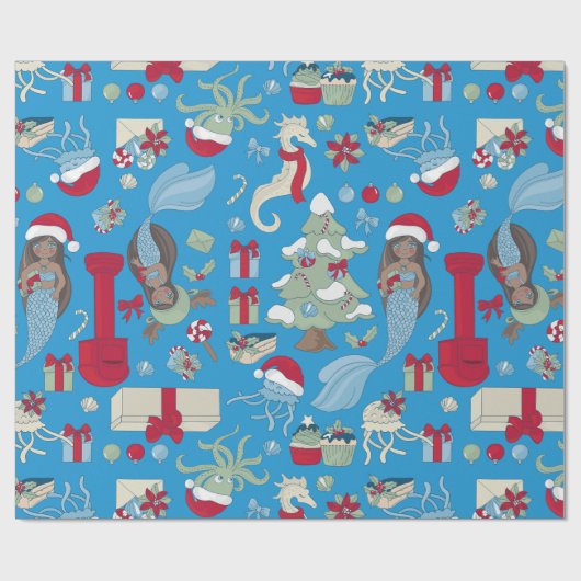 Ocean Christmas Zwarte Zeemeermin Zeepaardkwal Cadeaupapier (Vlak)