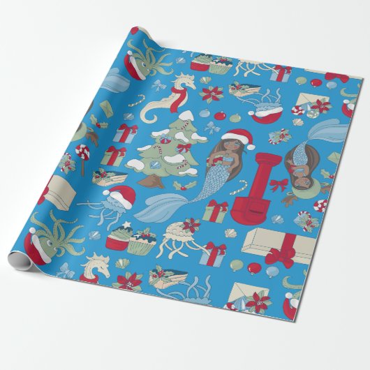 Ocean Christmas Zwarte Zeemeermin Zeepaardkwal Cadeaupapier (Uitgerold)