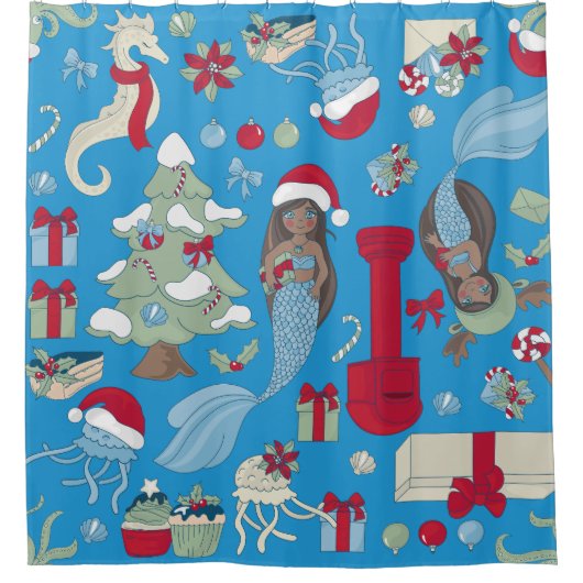 Ocean Christmas Zwarte Zeemeermin Zeepaardkwal Douchegordijn (Voorkant)