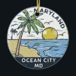 Ocean City Maryland  Keramisch Ornament<br><div class="desc">Ocean City tekende illustratie met palmbomen en golven op de achtergrond. Ideaal voor iedereen die graag Ocean City bezoekt.</div>