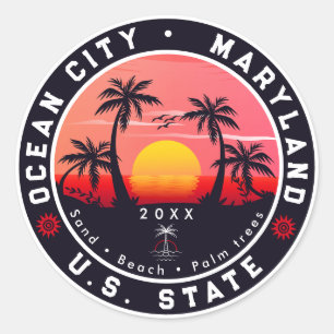 Ocean City Maryland Retro Sunset Souvenirs 80s Ronde Sticker