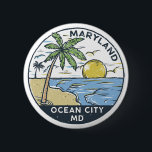 Ocean City Maryland  Ronde Button 5,7 Cm<br><div class="desc">Ocean City tekende illustratie met palmbomen en golven op de achtergrond. Ideaal voor iedereen die graag Ocean City bezoekt.</div>
