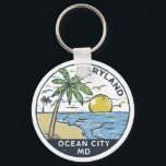 Ocean City Maryland  Sleutelhanger<br><div class="desc">Ocean City tekende illustratie met palmbomen en golven op de achtergrond. Ideaal voor iedereen die graag Ocean City bezoekt.</div>
