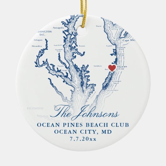 Ocean City MD Kaart Marine Trouwfoto Kerstmis Keramisch Ornament (Voorkant)