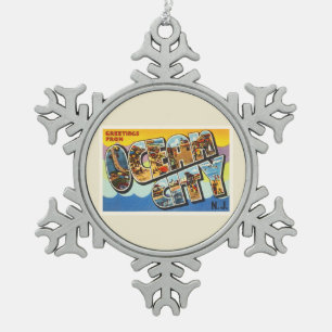 Ocean City New Jersey NJ Vintage Travel Briefkaart Tin Sneeuwvlok Ornament
