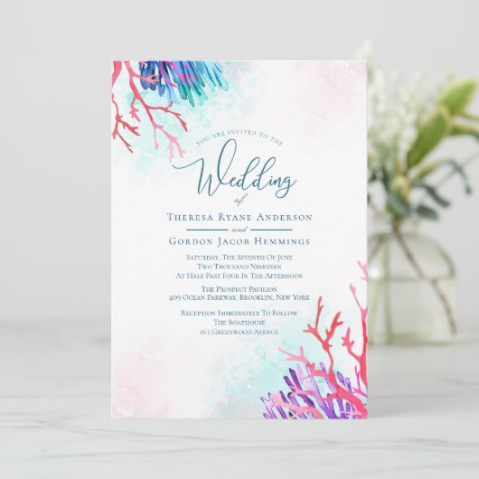 Ocean Coral bruiloft uitnodigingen (Staand voorkant)