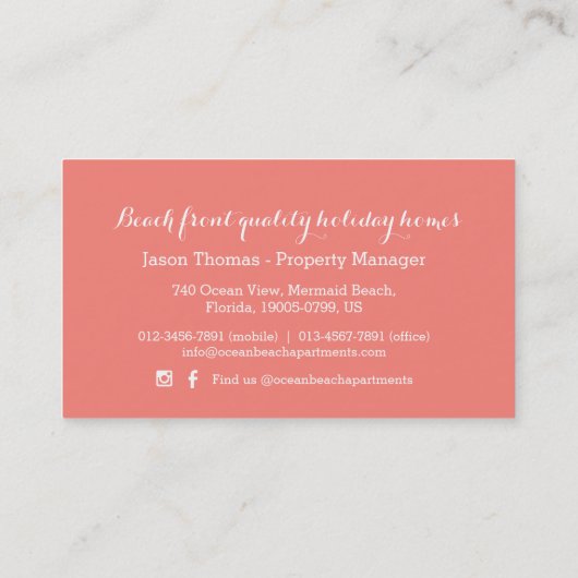 Ocean Coral oranje witte woning verhuren Visitekaartje (Achterkant)