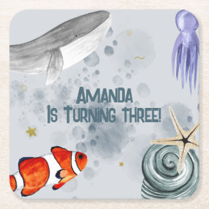 Ocean Creatures Kids Verjaardagsfeestje Blauw Kartonnen Onderzetters