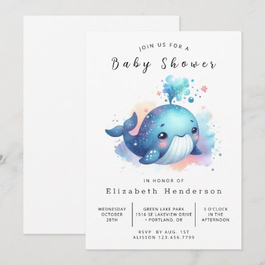 Ocean Custom Whale Baby shower Kaart (Voorkant / Achterkant)