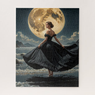 Ocean Dance Under the Moon Vrouw in zwarte jurk Legpuzzel