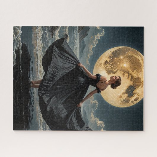 Ocean Dance Under the Moon Vrouw in zwarte jurk Legpuzzel (Horizontaal)
