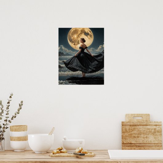 Ocean Dance Under the Moon Vrouw in zwarte jurk Poster (Keuken)